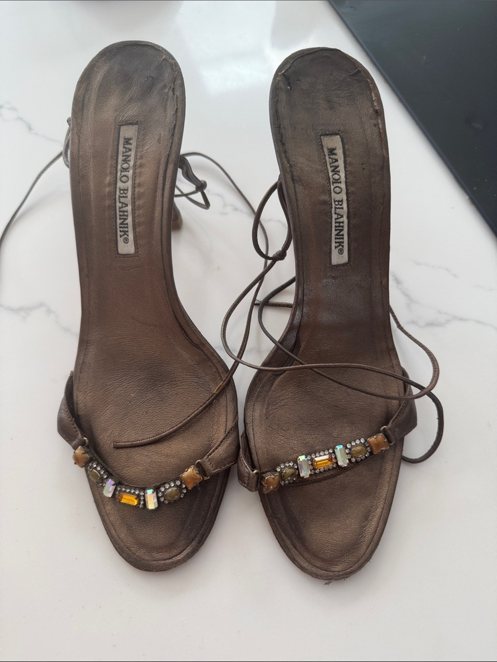 Manolo Blahnik Brown Jeweled Lace-Up Leather Heels
